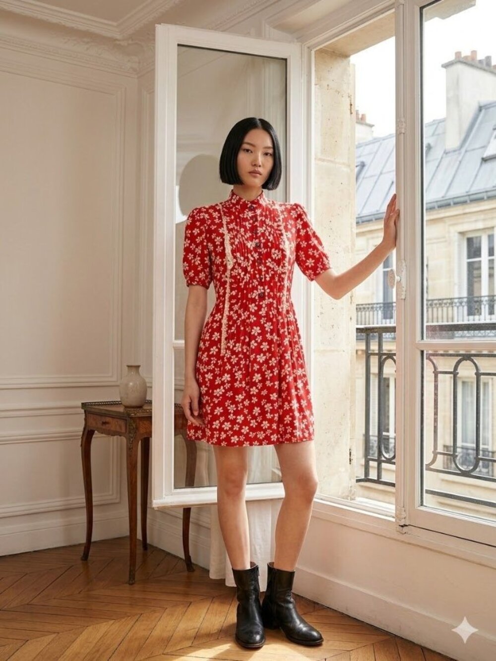 The Kooples Red Floral Mini Dress Parisian Boho Silk Lace Tuxedo Pleats Womens M
